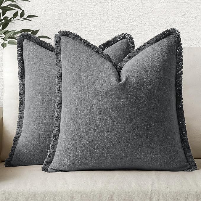 MIULEE Decorative Throw Pillow Covers Neutral Linen Fringe Throw Pillows Euro Shams Set of 2 Dark Grey Boho Farmhouse Cushion Covers for Couch Sofa Bed Living Room Spring Home Decor 24x24 Inch