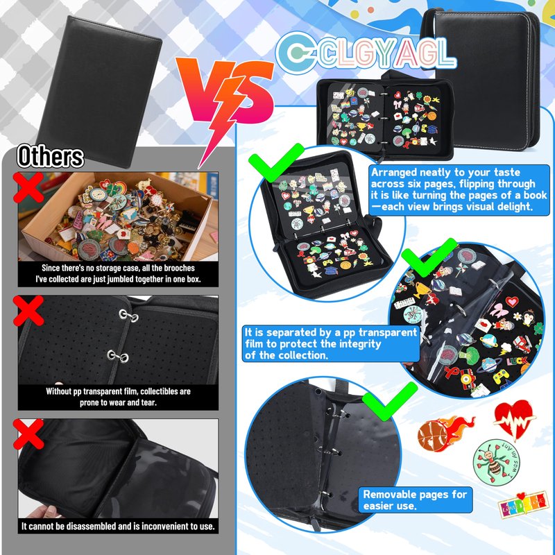 CLGYAGL Pin Bag Case for Trading: 6 Page Black Leather Pins Display Books Holder for Enamel Pins Sports Lapel Collector - Portable Pin Storage Zipper Organizer for Travel Exhibition