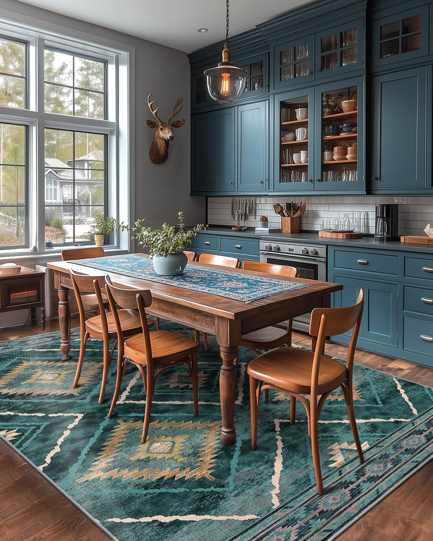 BESTSWEETIE Area Rug 5x7 Rug Machine Washable Non-Slip Low Pile Print Pattern Western Rug for Living Room Bedroom Entryway Tribal Series -Teal/Green