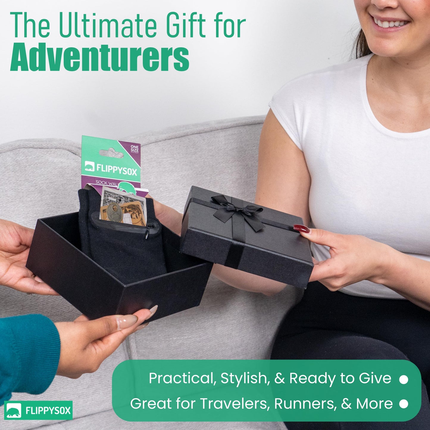 Flippysox Zipper Sock Wallet - Cotton & Polyester Zipper Socks with Pockets - Fits shoe size 6-13 (Black)