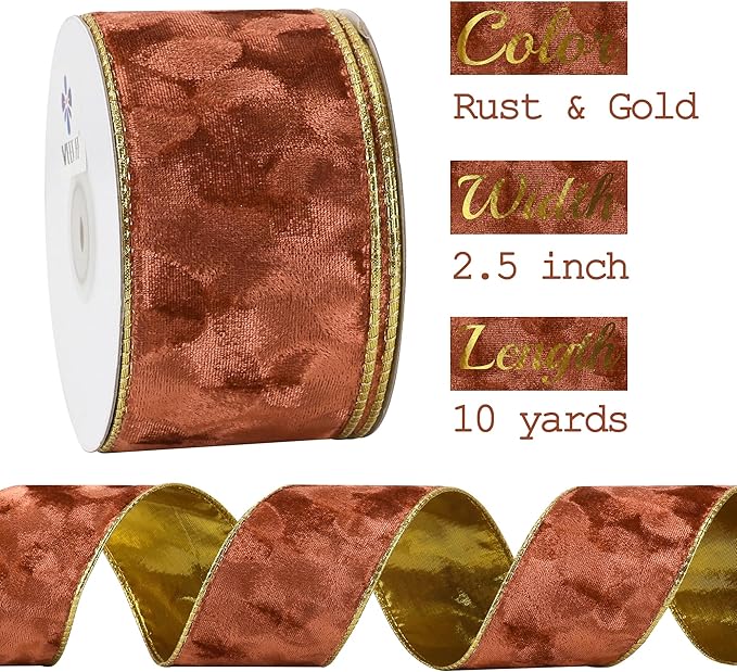 MEEDEE Copper Velvet with Gold Back Double Sided Christmas Wired Ribbon 2-1/2 inch 25 Yards Fall Velvet Ribbon for Christmas Tree, Wreaths, Crafts Bow, Garlands, Gift Wrapping, Seasonal Decorations