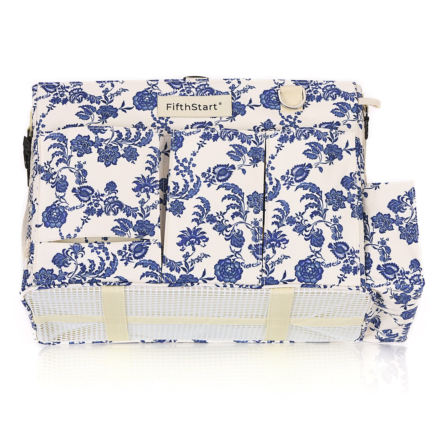 FifthStart Multiuse Large Blue Floral Diaper Caddy with Waist, Shoulder Strap, 9 Pockets, Mesh Base, and Adjustable Compartments