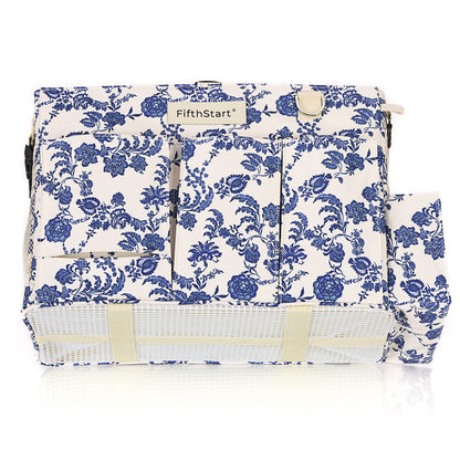 FifthStart Multiuse Large Blue Floral Diaper Caddy with Waist, Shoulder Strap, 9 Pockets, Mesh Base, and Adjustable Compartments