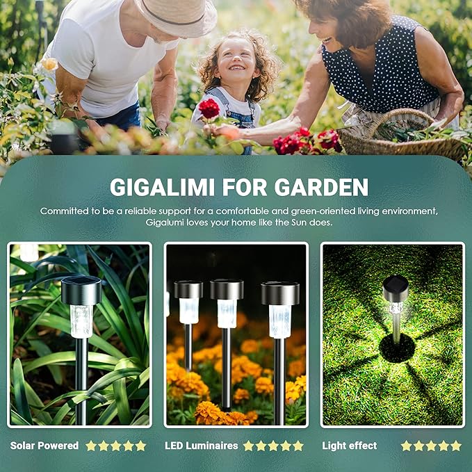GIGALUMI Solar Lights Outdoor Waterproof,16 Pack Stainless Steel LED Solar Garden Lights for Patio, Lawn, Yard and Landscape(Cold White)