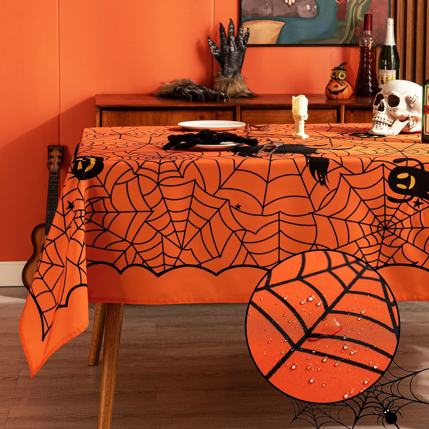 MikiUp Rectangle Halloween Tablecloth - Spider Web Decorative Holiday Table Cloth, Waterproof and Washable Table Cover for Party Kitchen Dining Room Indoor, Cobweb/Orange 60 x 84 Inch