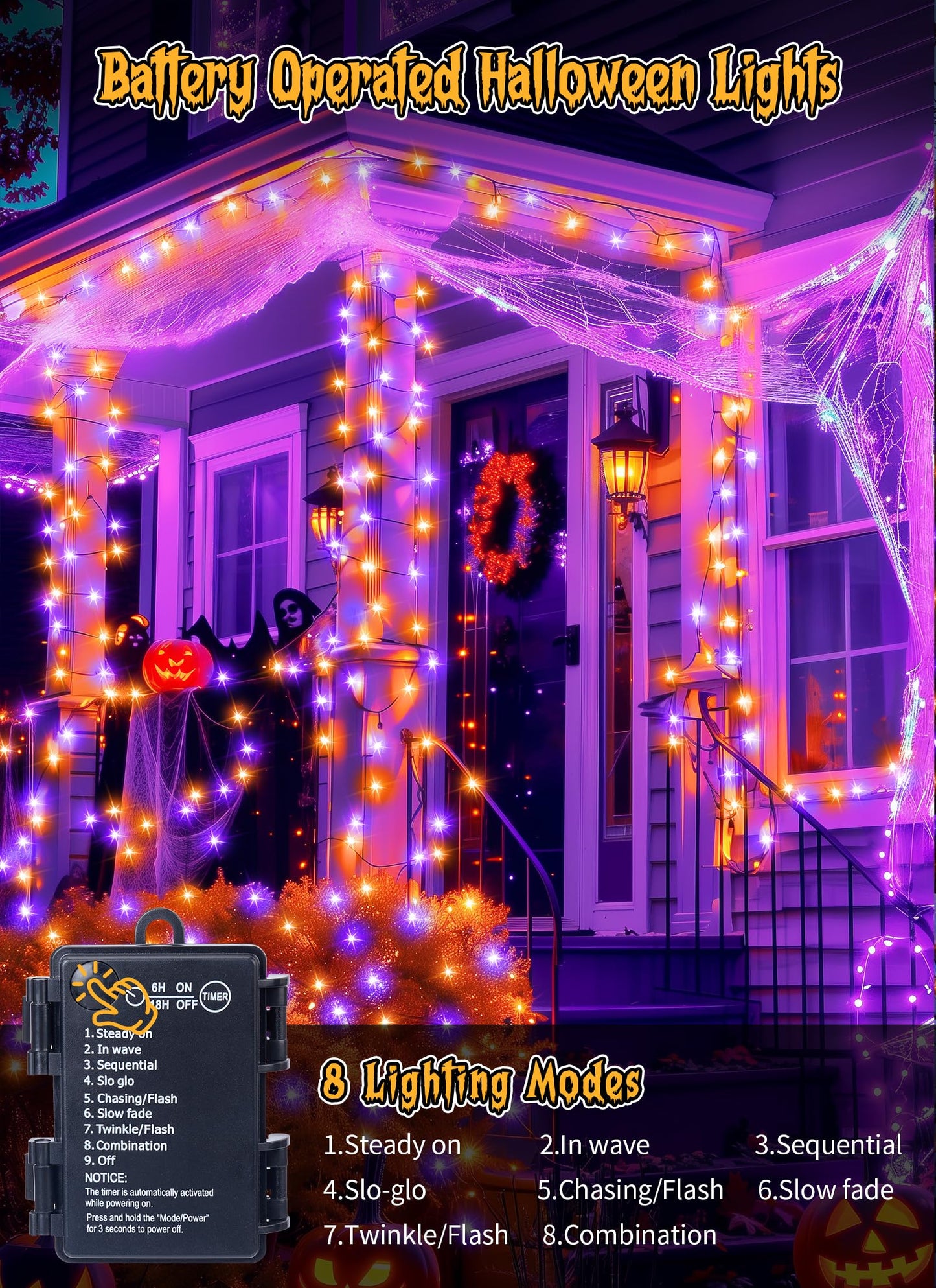 Brightown Halloween Lights Outdoor Battery Operated, 2 Pack Total 33FT 100 LED Battery Fairy Lights with Timer,8 Modes, Waterproof Halloween String Lights for Indoor Bedroom Decoration,Orange & Purple