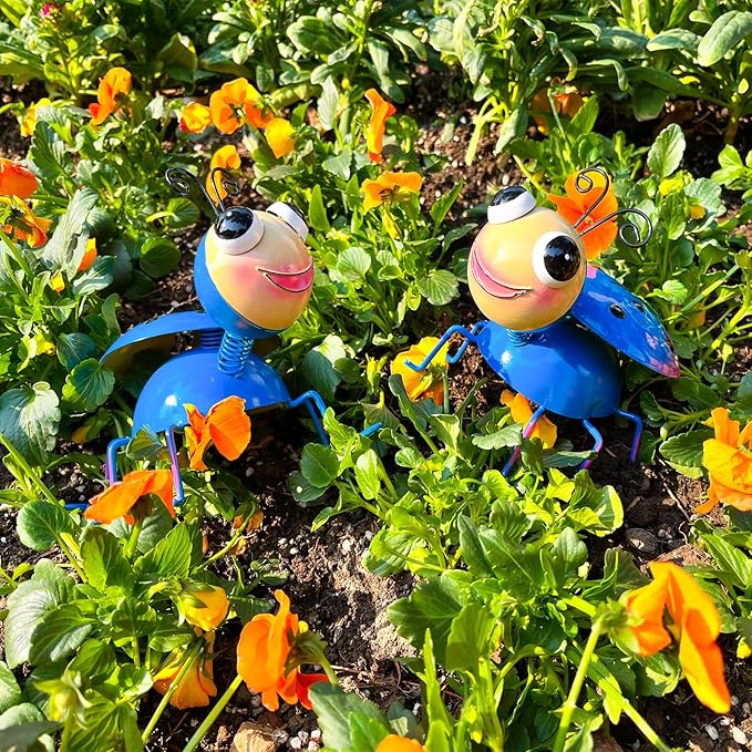 Metal Yard Art Garden Decor for Outside Cute Blue Ladybugs Lawn Patio Ornaments Backyard Decorations Garden Gifts for Mom - Set of 2