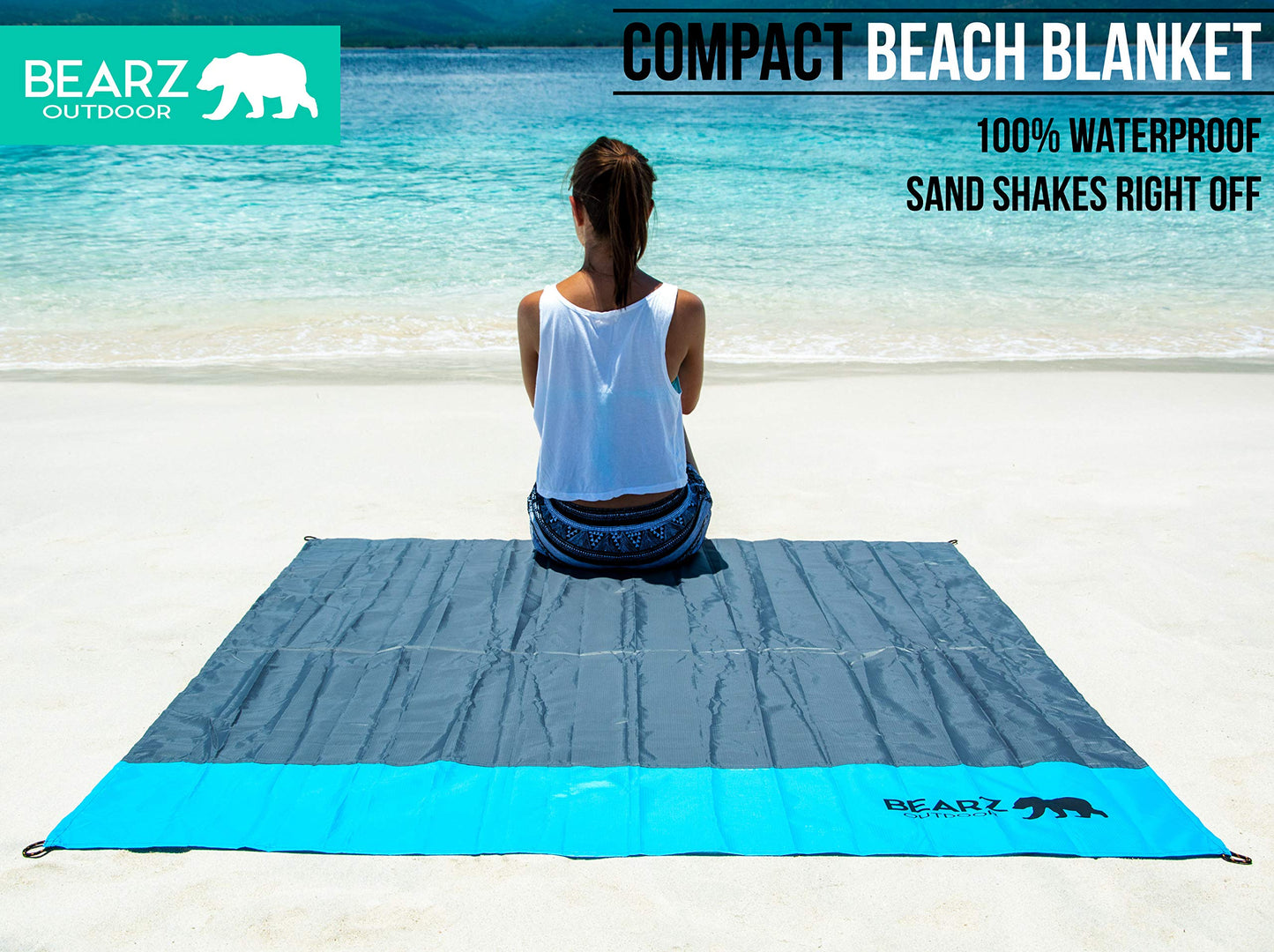 BEARZ Outdoor Pocket Blanket - Beach Blanket Waterproof Sandproof, Picnic Blankets Waterproof Foldable, Lightweight & Compact for Hiking, Camping, Travel, Festival Accessories (Blue)