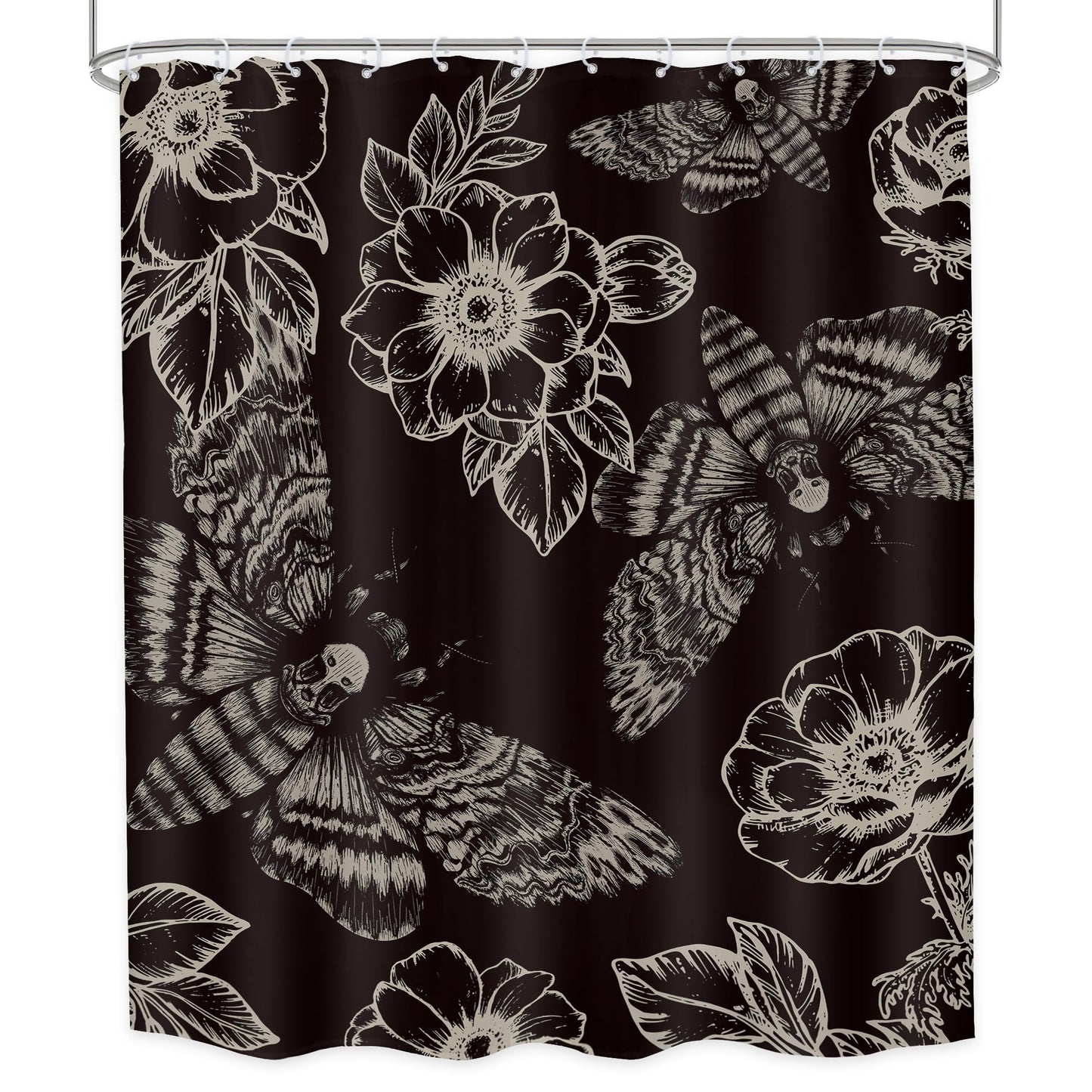 LGhtyro Gothic Skull Moth Halloween Shower Curtain Bathroom Set 60Wx71H Inches Witchy Scary Black Flower Death Head Mysterious Butterflys Bath Accessories Men Art Home Decor Fabric 12 Pack Hooks