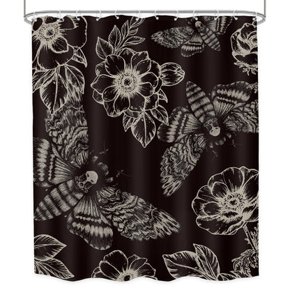 LGhtyro Gothic Skull Moth Halloween Shower Curtain Bathroom Set 60Wx71H Inches Witchy Scary Black Flower Death Head Mysterious Butterflys Bath Accessories Men Art Home Decor Fabric 12 Pack Hooks