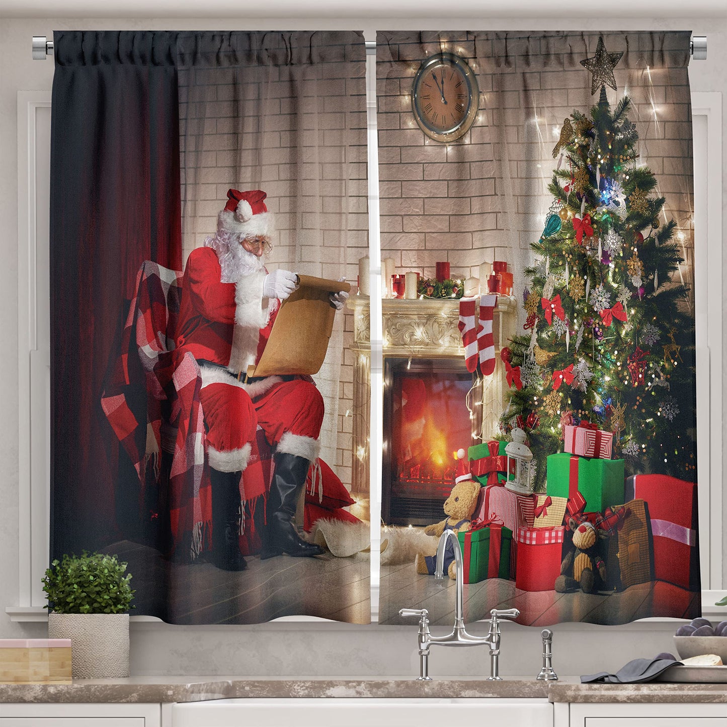 Ambesonne Santa Long Kitchen Curtains, Old Santa Claus Sitting at Home at Christmas Night Reading a Letter Near The Tree, Two Panels Drapes with Rod Pocket Room Decor, 55" x 45", Red Beige