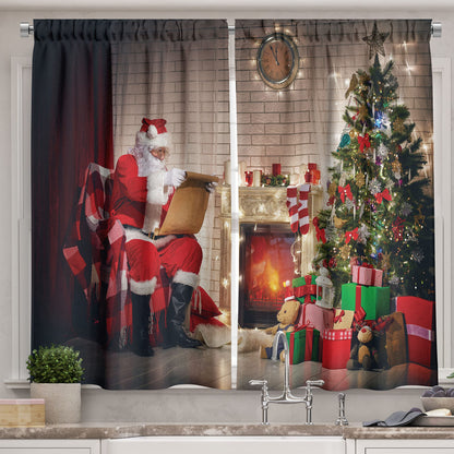Ambesonne Santa Long Kitchen Curtains, Old Santa Claus Sitting at Home at Christmas Night Reading a Letter Near The Tree, Two Panels Drapes with Rod Pocket Room Decor, 55" x 45", Red Beige