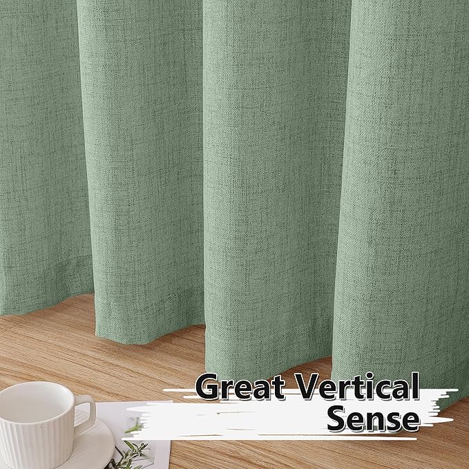 Tollpiz Short Linen Curtain Living Room Rod Pocket Semi Sheer Curtains Burlap Light Filtering Thick Linen Drape for Bedroom, 54 x 45 inches Long, Sage Green, Set of 2 Panels