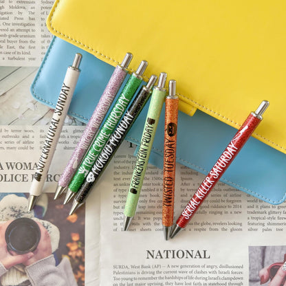 Jxueych 7Pcs Halloween Weekday Pens Glitter Pen with Funny Sayings Vibrant Passive Fancy Ballpoint Pens Cute Gifts for Colleagues Office Supplies (Halloween Pen Set)