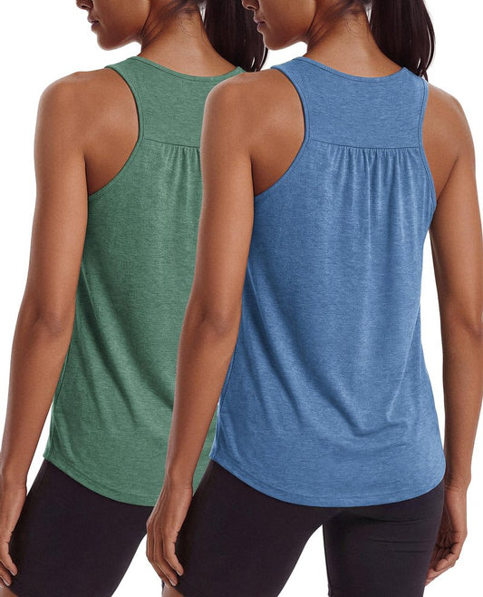 PINSPARK Womens Tank Tops Sleeveless Athletic Running Shirts Moisture Wicking Racer Back Workout Tank Flowy Tennis Pickleball Shirt for Summer,Denim Blue/Dark Green L