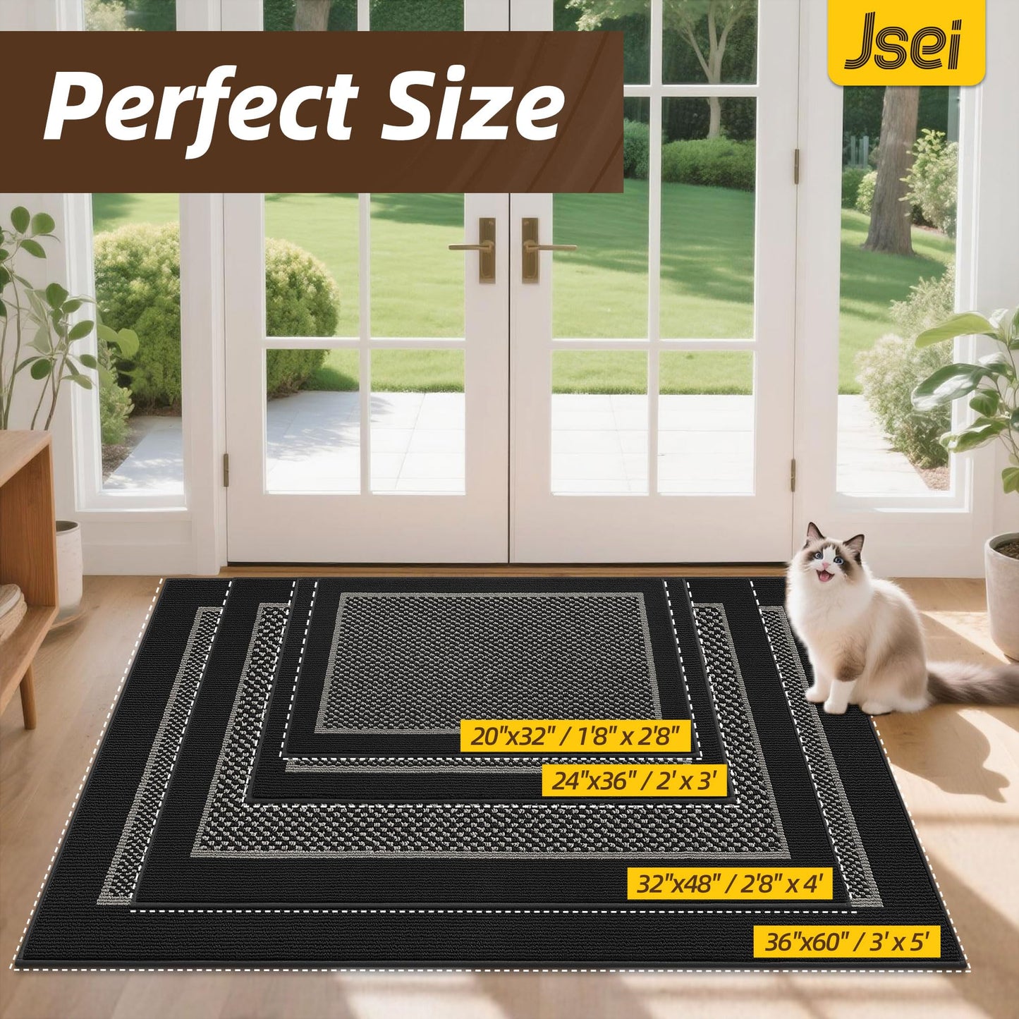JSEI Dirt Trapper Door Mat 20"x32", Non-Slip Washable Doormats Entryway Rugs, Resist Dirt Absorbent Welcome Mat, Low Profile Floor Mats for Front Back Door and Entrance, Black