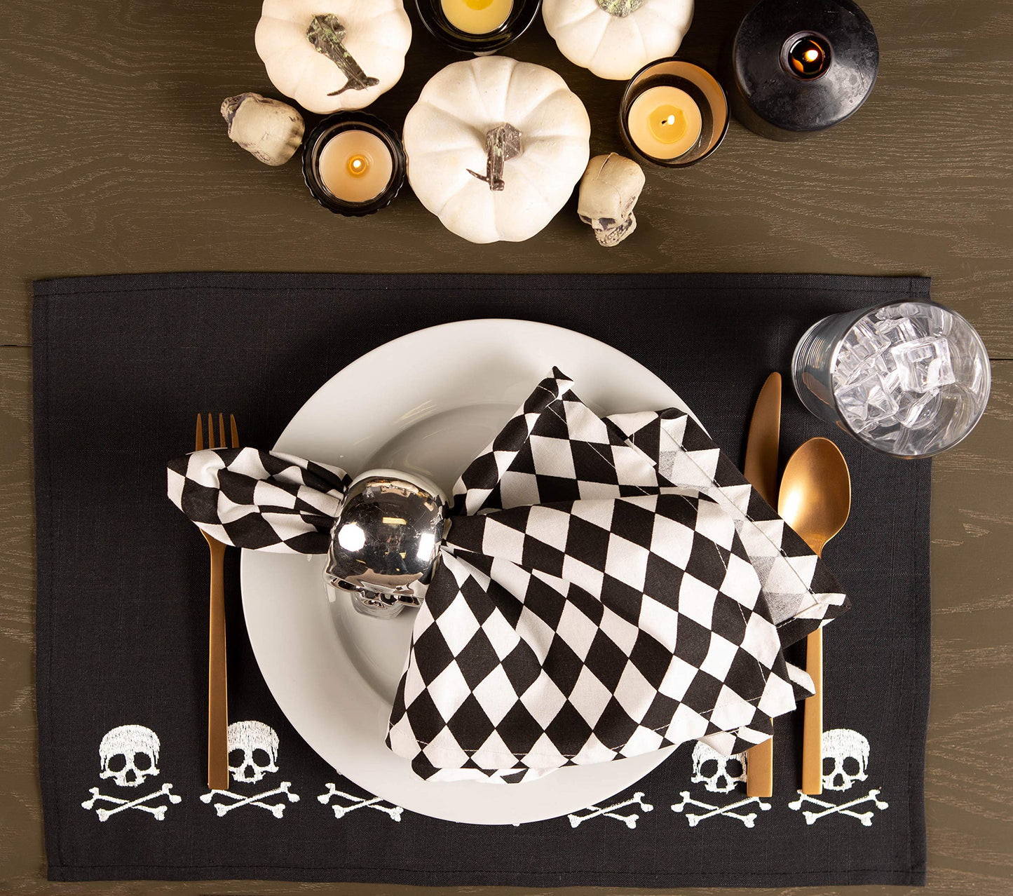 DII Halloween Party Tabletop Decor, Reusable & Machine Washable Cotton Fabric, Placemat Set, 13x19, Skull & Bones, 4 Piece