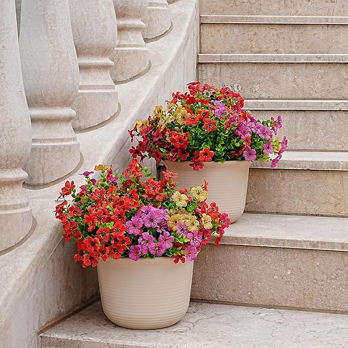 Outdoor Artificial Flowers, 8 Bundles Fake Flowers Summer Decoration, No Fade Faux Plastic Shrubs for Garden Patio Porch Window Box Decor (Mix 4 Color)