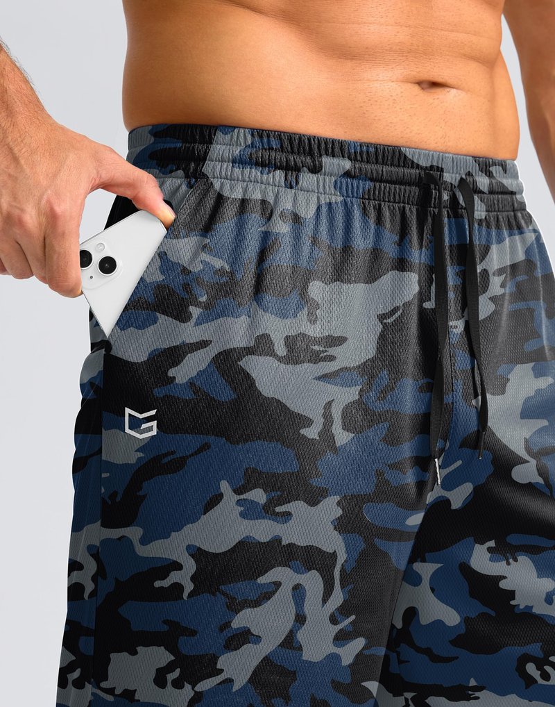 G Gradual Men's Athletic Shorts with Pockets 9" / 11" Long Basketball Shorts Lightweight Quick Dry Gym Workout Shorts for Men(Blue Camo,XXXL)