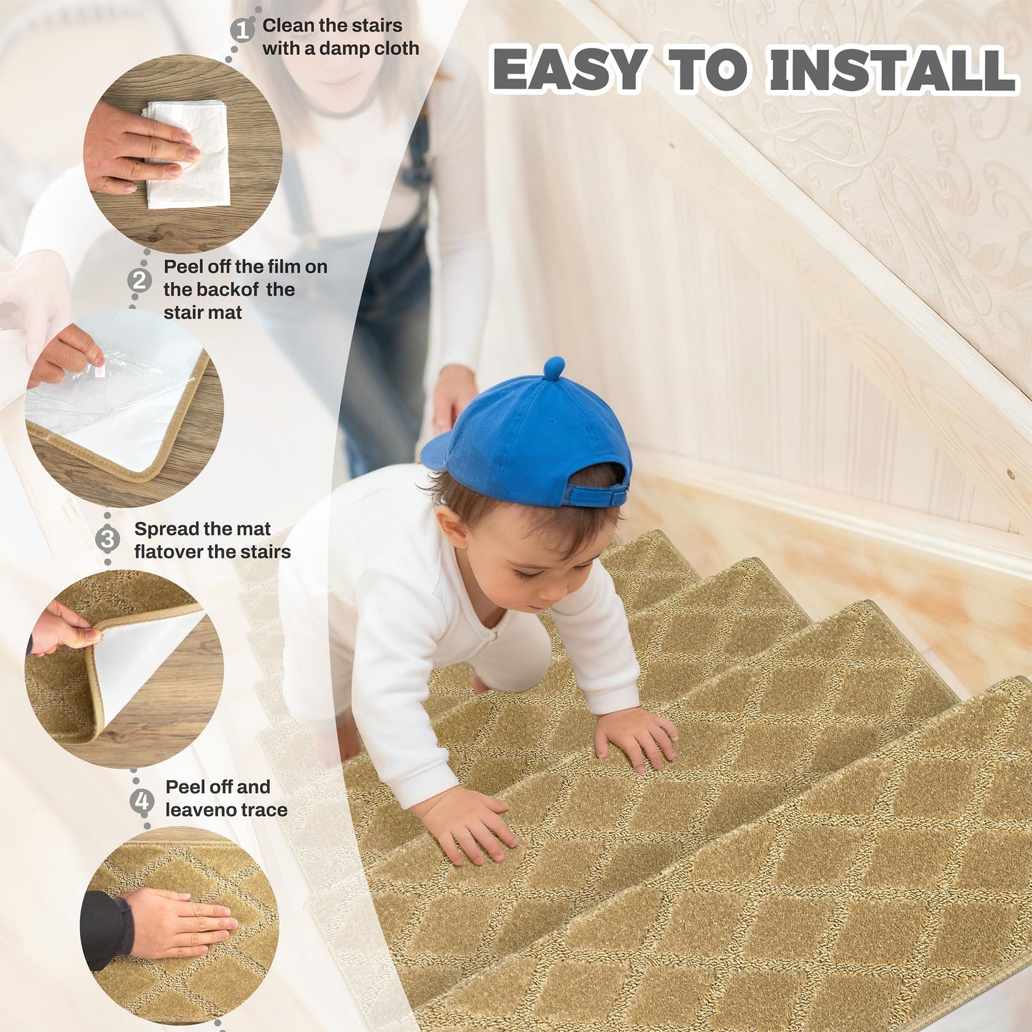 DEXDE Bullnose Stair Treads for Wooden Steps 14 Pcs, Non-Slip Peel and Stick Carpet Stair Runners, Washable Indoor Rugs with Edge Protection, 30"x9.5"x1.5", Khaki