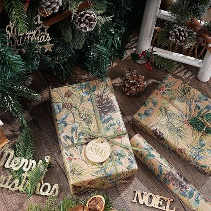 RUSPEPA Kraft Christmas Wrapping Paper Roll, Mini Roll, Watercolor Pinecone and Eucalyptus Leaf Design, Kraft Gift Wrap for Christmas, Winter Holiday Party, Rustic Natural Theme, 17 Inches x 16.4 Feet