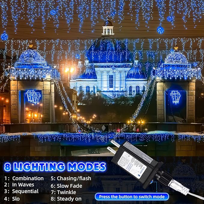66 Ft 640 LED Christmas Icicle Lights Extra Long 8 Modes Waterproof Icicle String Light with 120 Drops, Fairy Hanging Lights Decor with Remote for Xmas Wedding Indoor Outdoor Blue