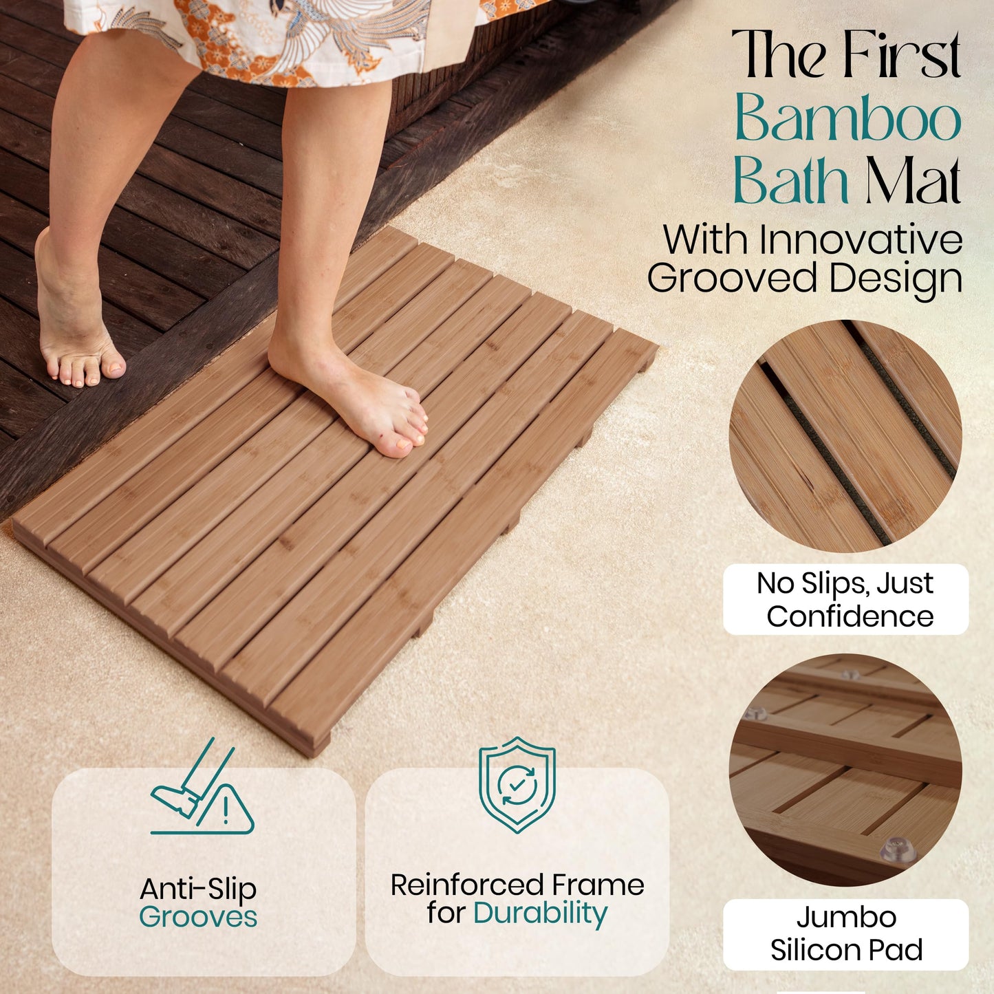 Large Walnut Bamboo Bath Mat – Non-Slip Design Sauna Floor Mat, Secure Grip Pads, Water-Resistant Coating, Durable for Indoor/Outdoor Use, Bamboo Decor