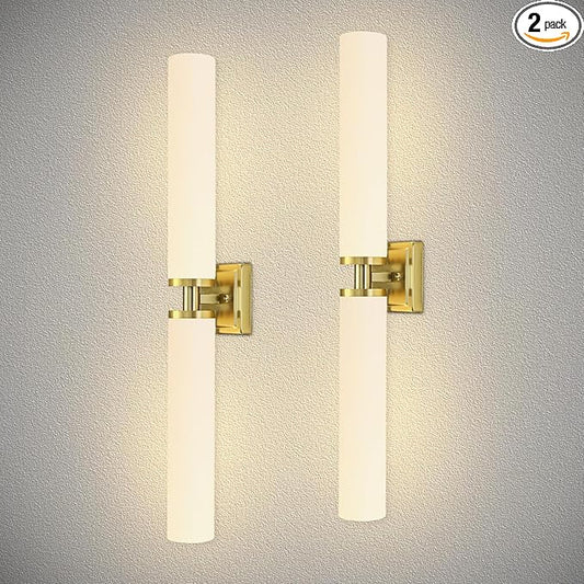 Gold Wall Sconces Set of Two, 32 Inch Bathroom Sconces with Frosted Glass, Modern Sconces Wall Light Fixtures for Bathroom Mirror Living Room Bedroom Hallway (Bulbs Not Included)