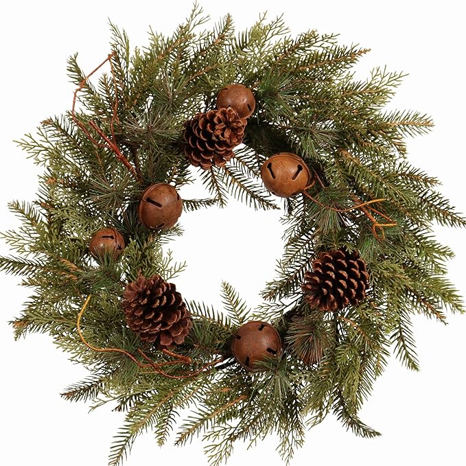 22-Inch Handcrafted Artificial Christmas Wreath with Pinecones, Rust Bell, and Lifelike Pine Branches Winter Holiday Wreath for Front Door and Home Décor, Indoor/Outdoor Seasonal Décor