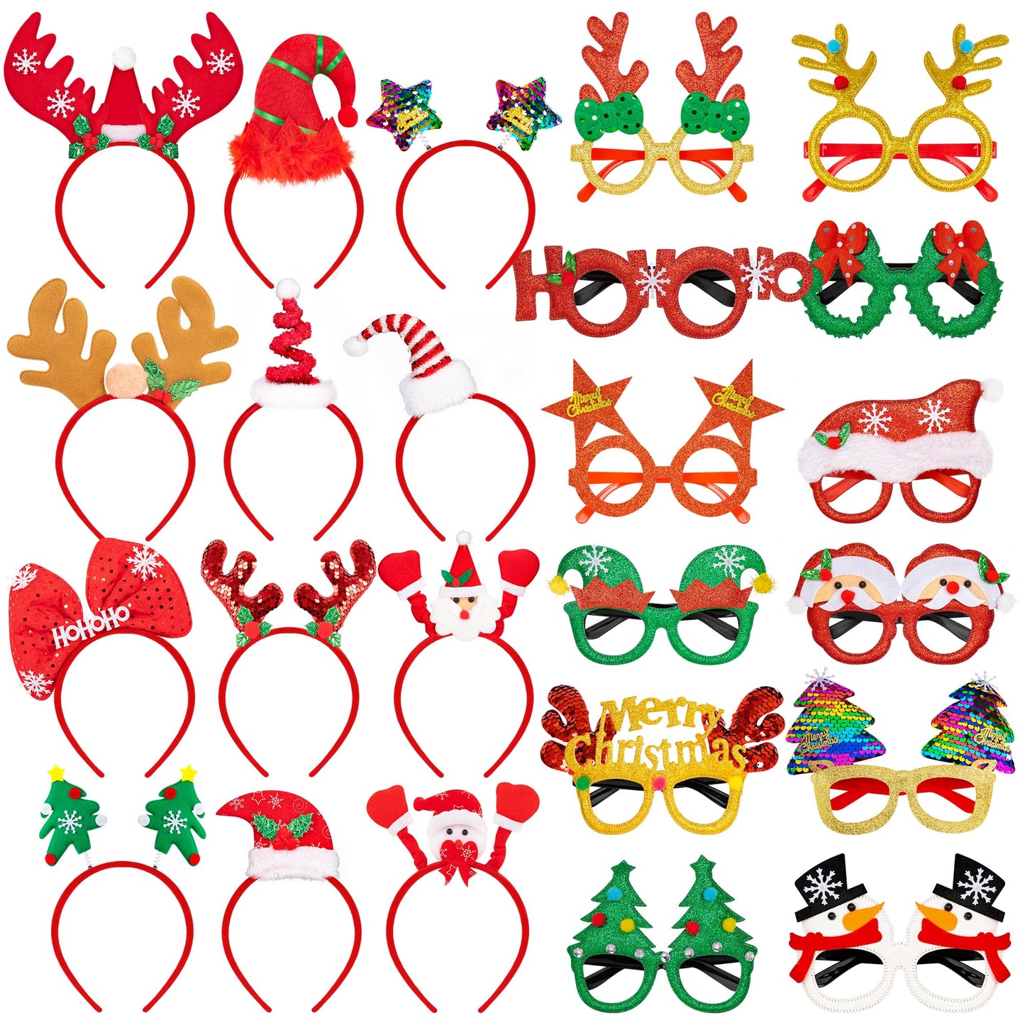 48 Pcs Christmas Glasses Frame and Headbands Set, Cute Christmas Head Boppers and Glasses with 24 Designs Santa Hat Leprechaun Snowman Reindeer Antler, Christmas Party Favors, Accessories, Supplies