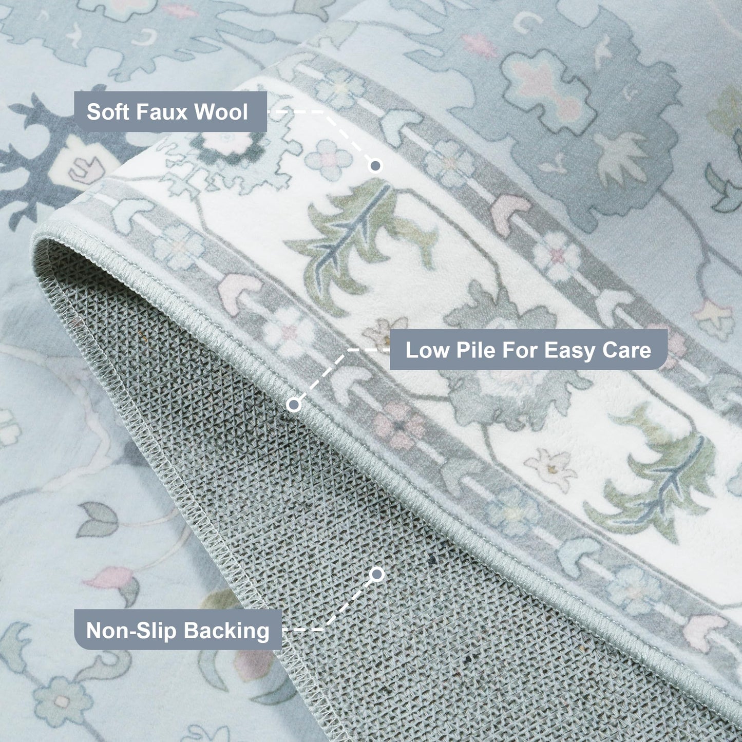 LIVEBOX Washable Grey 5x7 Rug, Soft Oushak Area Rugs for Living Room, Non Slip Boho Dining Room Rug Under Table, Turkish Floral Ultra Thin Floor Carpet for Bedroom Home Office, Grey