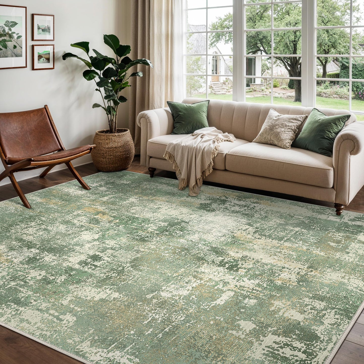 GENIMO 8x10 Area Rugs for Living Room, Machine Washable Rug Non Slip, Low Pile Ultra-Thin Lightweight Large Carpet, Abstract Modern Rugs for Bedroom, Dining Room, Office, Nursery, Olive Green