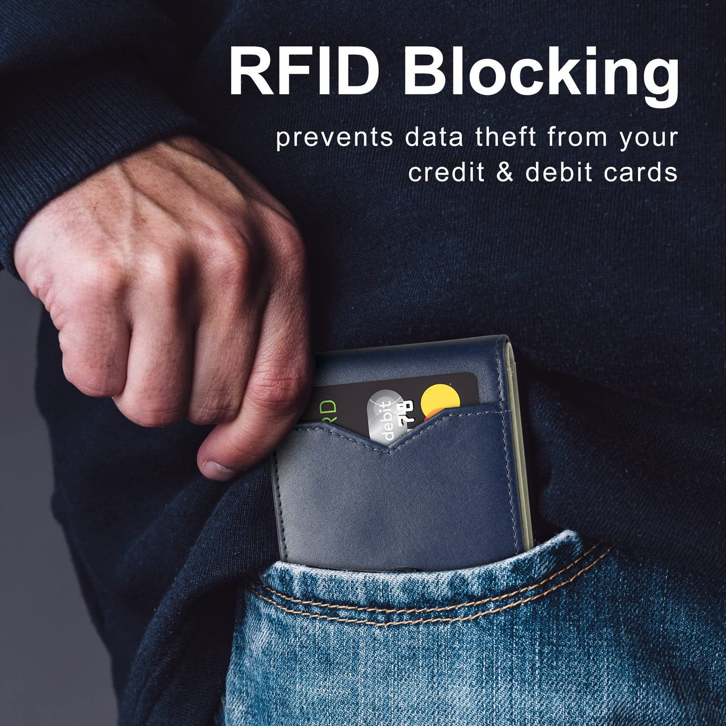 GSOIAX Mens Slim Wallet for Men Minimalist Genuine Leather Carbon Fiber Rfid Blocking Bifold Credit Card Holder With Gift Box (Dark Blue and Beige)