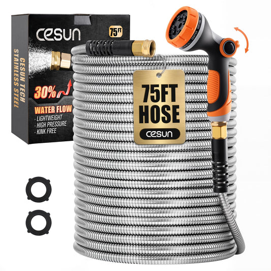 Cesun 75 ft Metal Garden Hose, Stainless Steel Heavy Duty Water Hose With 10 Function Nozzle, No Kink & Flexible, Lightweight and Durable, Rust Proof for Yard, RV, Pet Bath, Outdoor, 75 foot x 5/8"