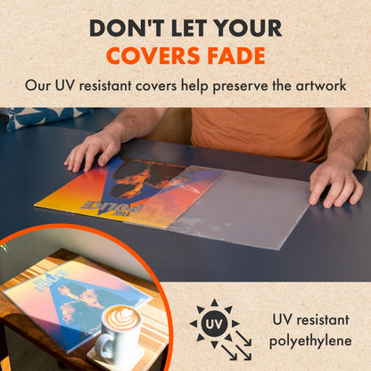 100x 12 Inch UV Protection Frosted Outer Vinyl Record Sleeves | Spincare Density Single & Double Album LP Protective Sleeve | Strong Polyethylene Archival Plastic Vinyl Record Storage Covers