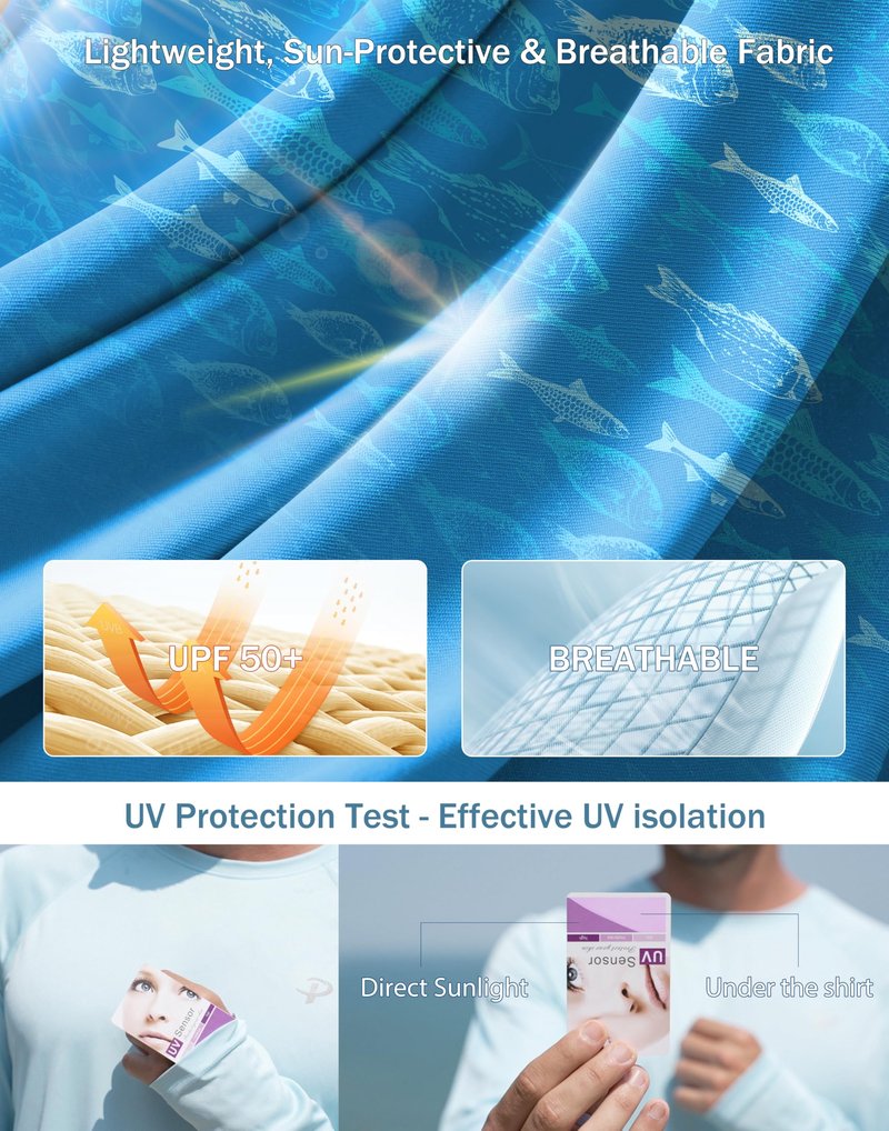Pudolla Men's Sun Protection Shirts UV SPF UPF 50+ Long Sleeve Lightweight Quick Dry Shirts(Blue Gradient Shoal L)