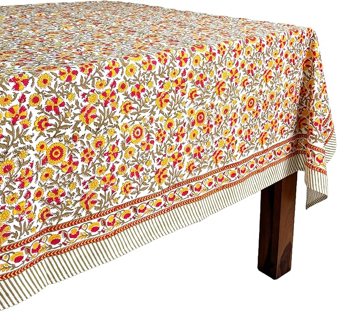 ATOSII Marigold 100% Cotton Spring Summer Tablecloth, Block Print Rectangle Table Cover for Dining, Parties, Weddings, Outdoors, Grand Millenial Decor 60 X 90 Inches I 6 Seater I