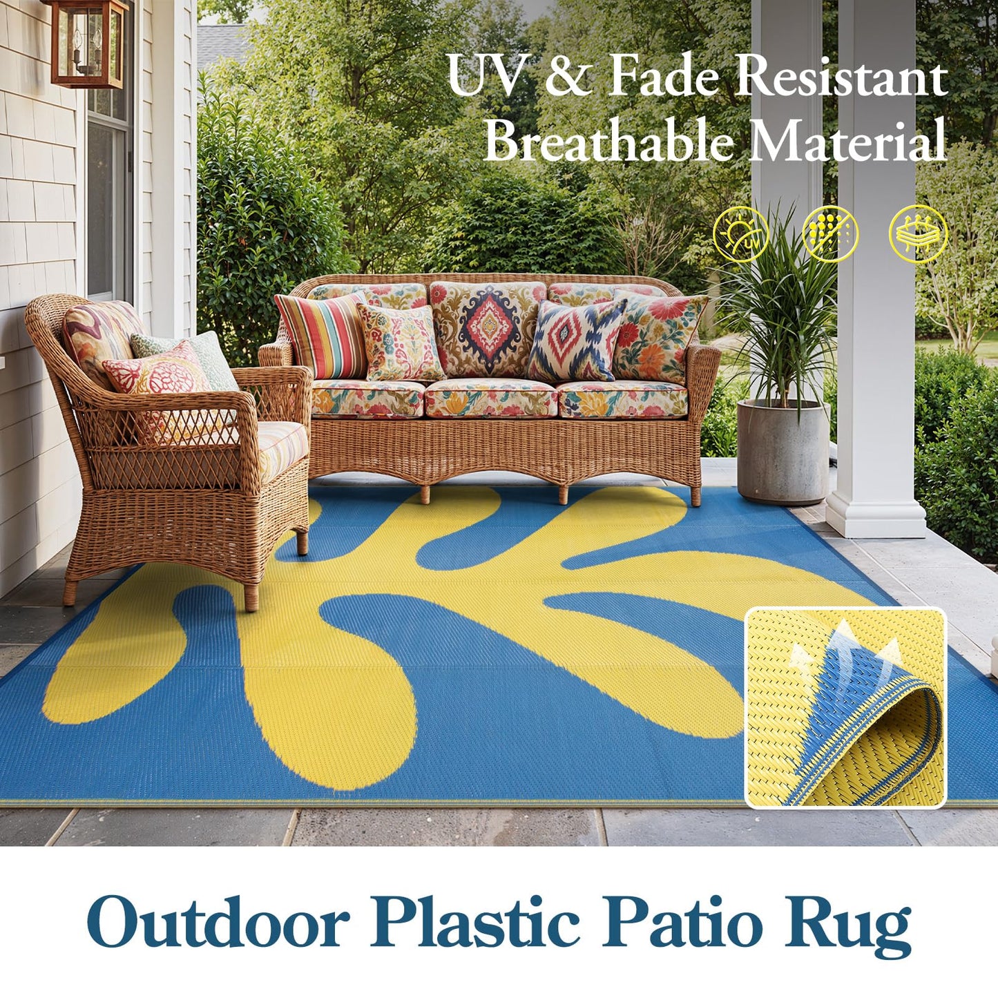 Wonnitar Abstract Outdoor Rug 6x9, Modern Coral Waterproof Reversible Plastic Straw Rug for Patio, Foldable Lightweight Outside Carpet for Deck, Balcony, RV, Beach, Blue/Yellow