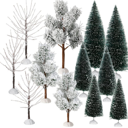 12 Pieces Christmas Village Trees Tabletop Mini Snow Model Frost Bottle Brush Trees Halloween Winter Tabletop Displays Miniature Village Christmas Decor Accessory Figurine(Vivid Style)