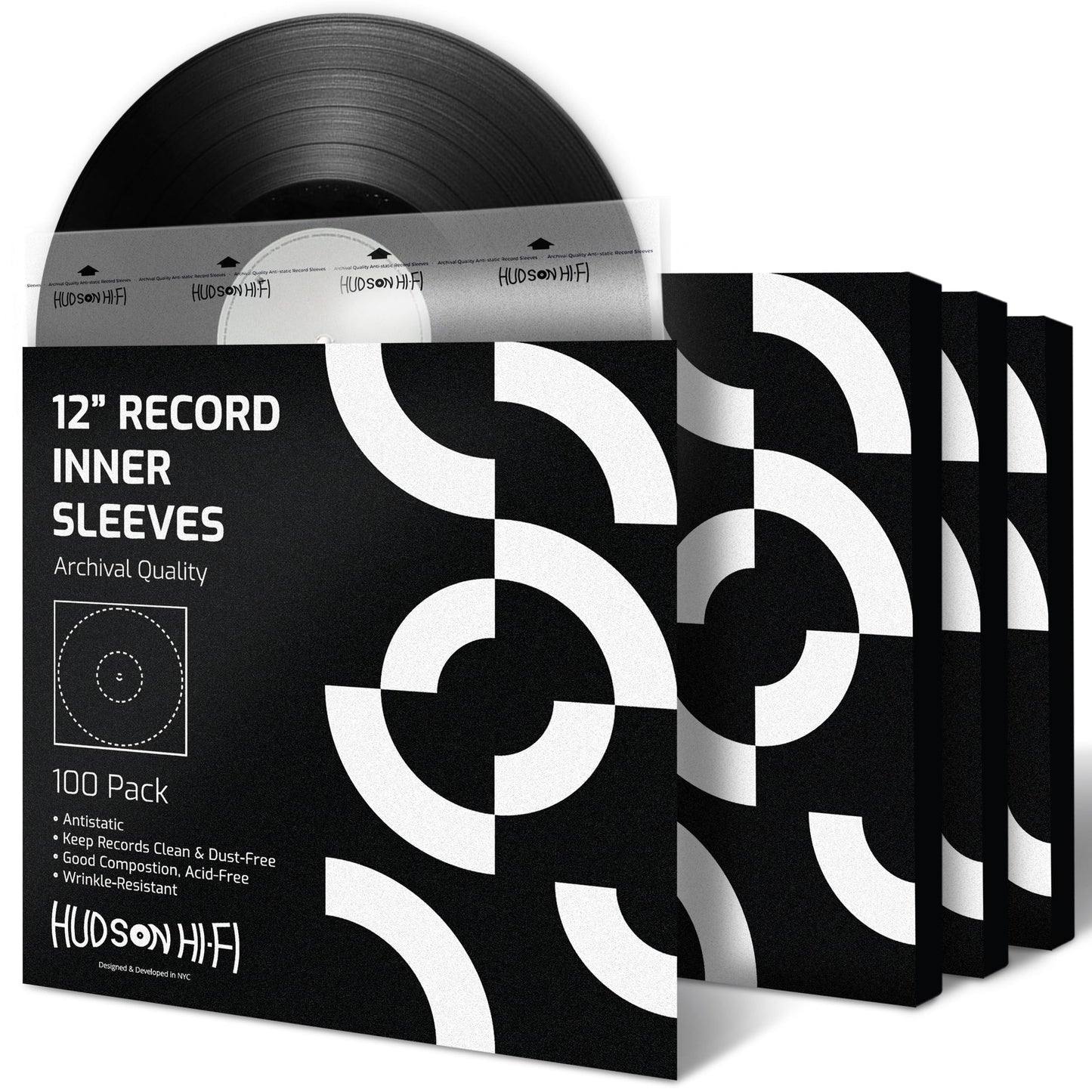 Hudson Hi-Fi Anti-Static Vinyl Record Inner Sleeves 100 Pack - Durable Clear Disc Sleeves- Protect Your LP Albums from Scratches, Dust & Dirt - Acid-Free Rice Paper Interior Disc Covers