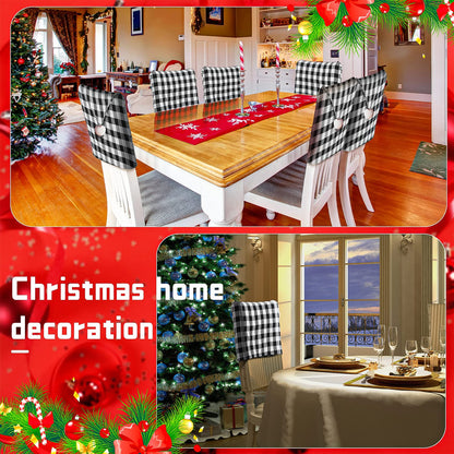 Queekay 6 Pieces Christmas Chair Back Covers Santa Hat Buffalo Plaid Christmas Dining Chair Protector Elastic Gingham Cover for Dining Kitchen(Black White)