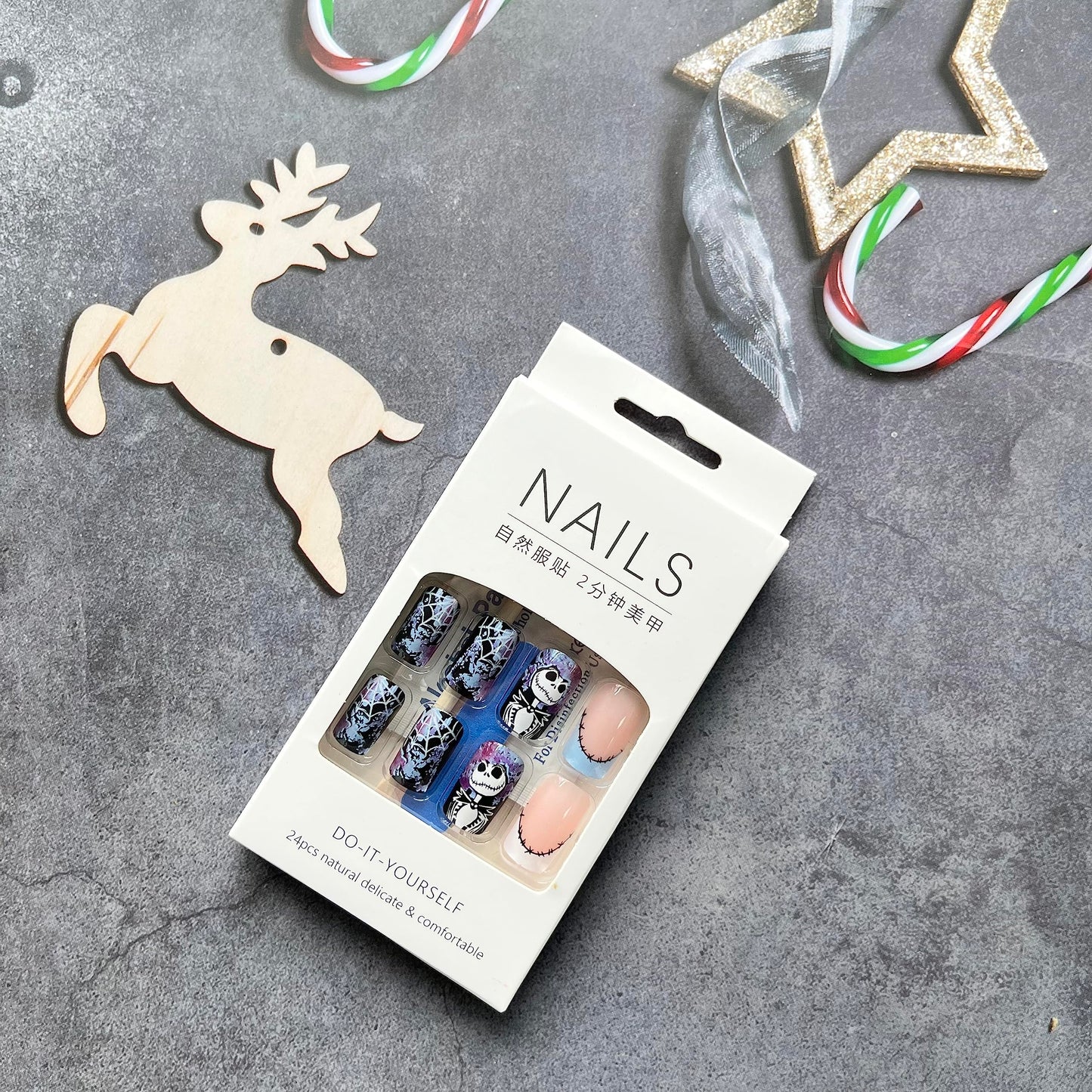 Halloween Press on Nails Medium Square Fake Nails with Spider Web Design Acrylic Nails Nightmare Before Christmas Nails Scary Stick on Nails Holiday French Tip Artificial Nails for Women 24Pcs