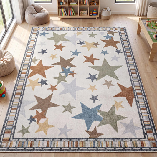 JONATHAN Y Machine-Washable Ivory/Blue/Orange Indoor Area Rug, 8x10, Star Gazer Geometric, Border, Kids & Novelty, Classic, Bedroom, Kitchen, Living Room, Easy-Cleaning, Non-Shedding (KDW100A-8)