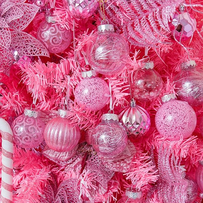 XmasExp 32ct Christmas Ball Ornaments Set -Pink Clear Plastic Shatterproof Xmas Tree Ball Decorations Hanging Baubles for Holiday Decor