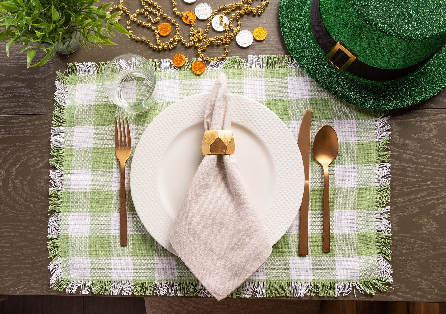 DII Heavyweight Fringed Check Tabletop Collection, Placemat Set, 13x19, Bright Green, 6 Piece