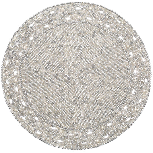 13" Round Beaded Placemat - Handcrafted Glass Beads in White Silver - Luxury Dining Table Decor, Wedding & Housewarming Gift, Holiday Use Pack of 1 by ALPHA Living HOME