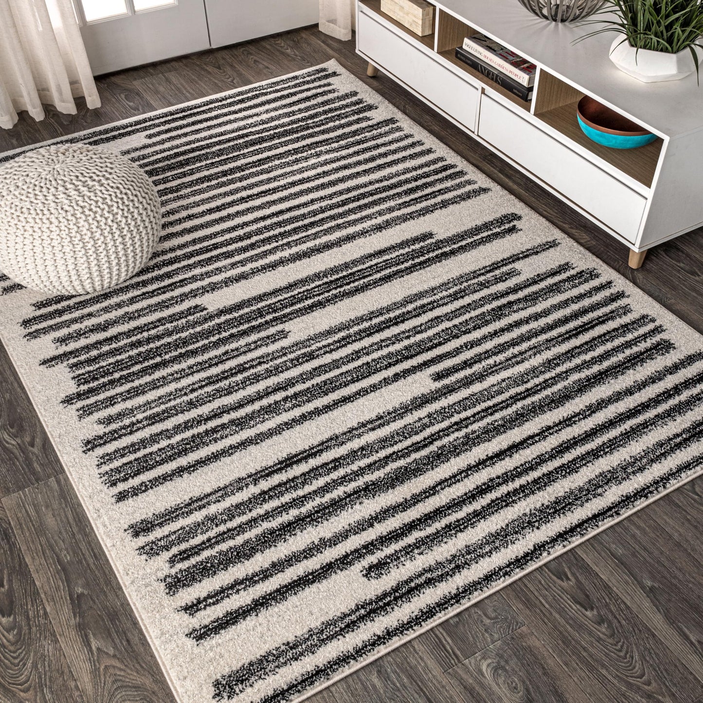 JONATHAN Y Khalil Modern Berber Stripe Cream/Black Indoor Area Rug, 9x12, Contemporary, Bohemian, Easy-Cleaning for Living Room, Bedroom, Kitchen, Pet Friendly, Non-Shedding (MOH207A-9)