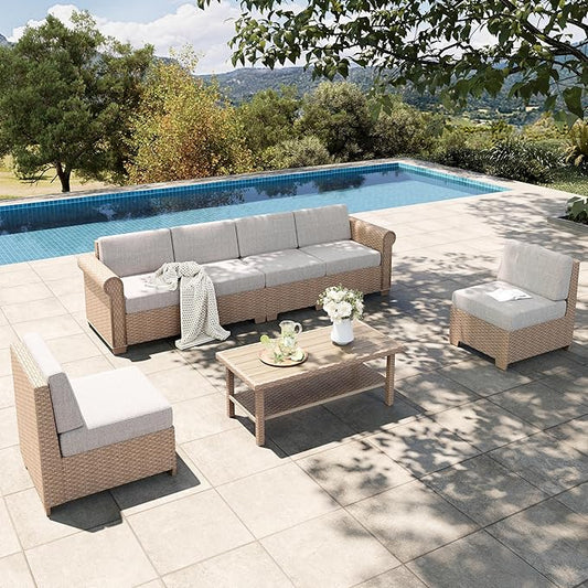 HERA'S HOUSE Patio Furniture Set 7 Pieces, Outdoor Sectional Wicker Sofa with 44" Coffee Table All Weather 6 Seats, 5.5" Thick Waterproof Cushion Modular Conversation Set for Garden Deck Backyard