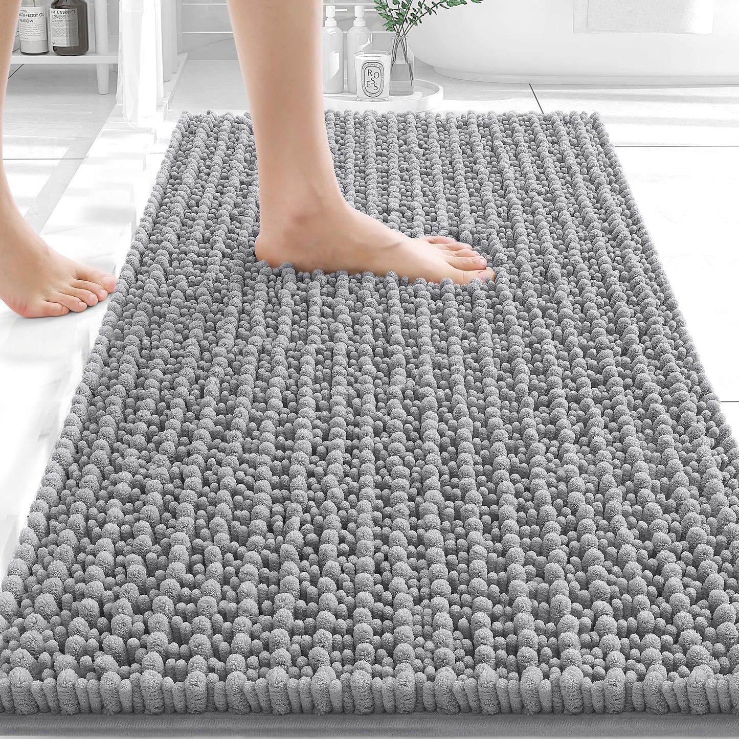 OLANLY Bathroom Rug Mat 30x20, Thick Soft and Absorbent Chenille Bath Mat, Non-Slip Rubber Backing, Machine Washable Quick Dry Bath Rugs for Tub Shower Floor, Home Decor Accessories, Grey