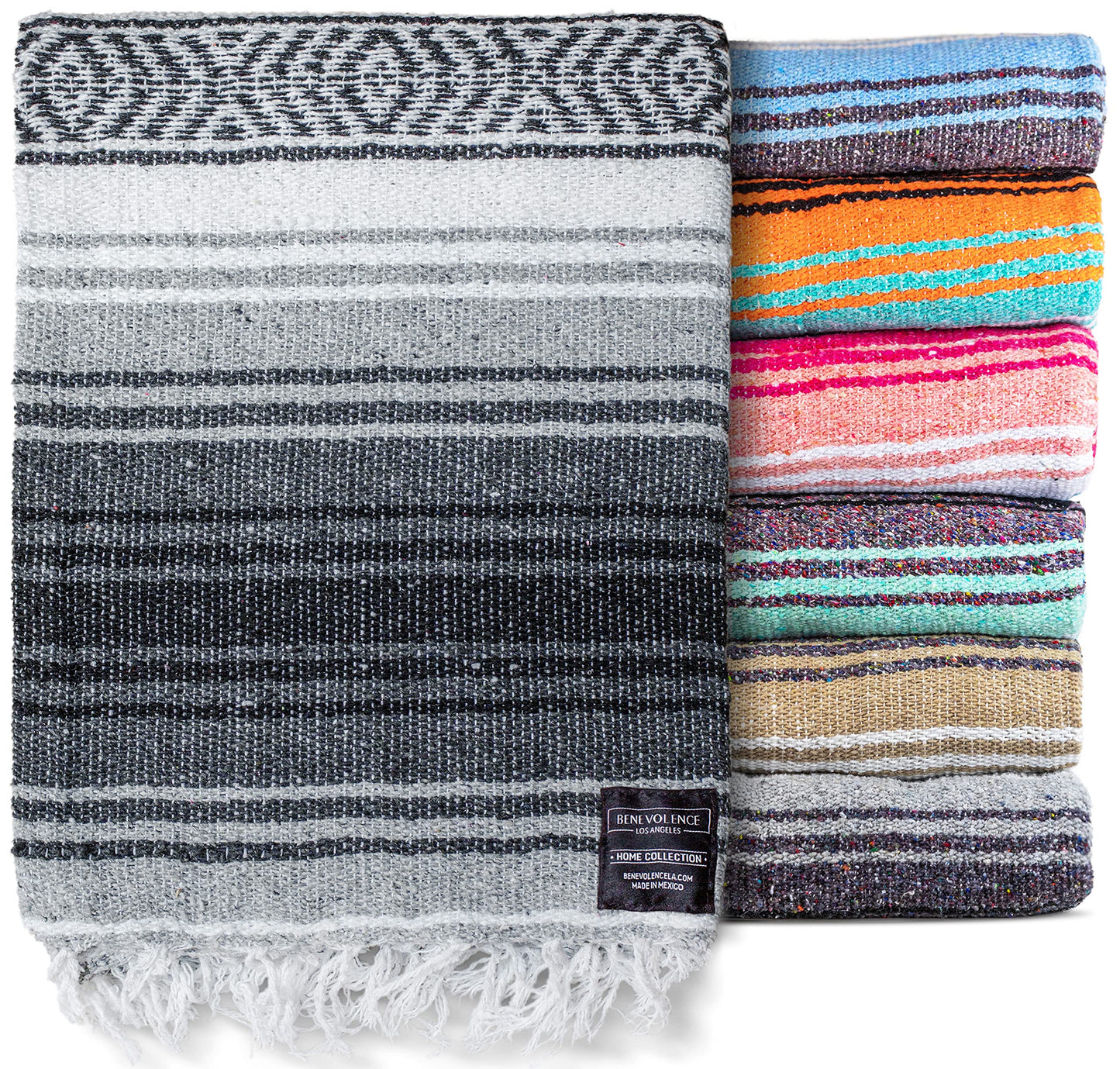 Benevolence LA Authentic Handwoven Mexican Blanket | Yoga Blankets, Outdoor, Picnic, Beach, Camping | Equestrian Saddle | Serape 50x70 inches - Gray, Pack of 1